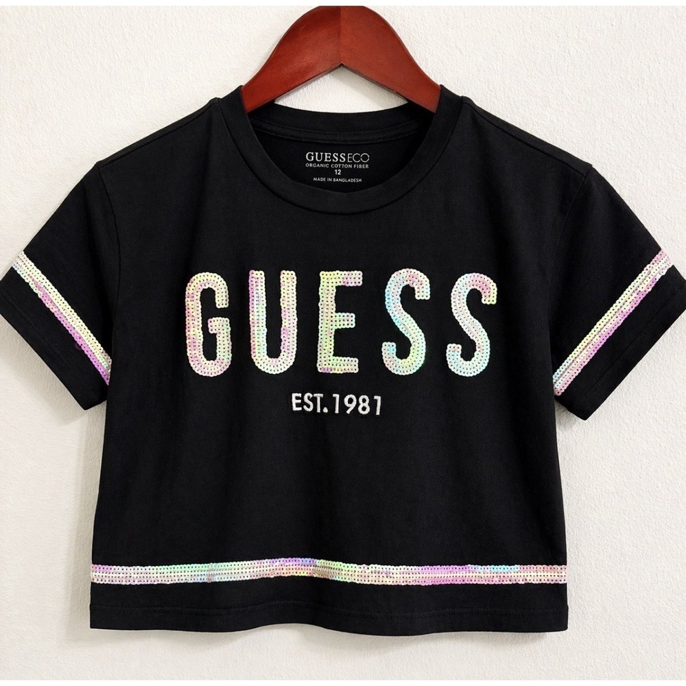 Guess Girls Crop Tee Size 12 Black Sequin Logo Y2K Organic Cotton